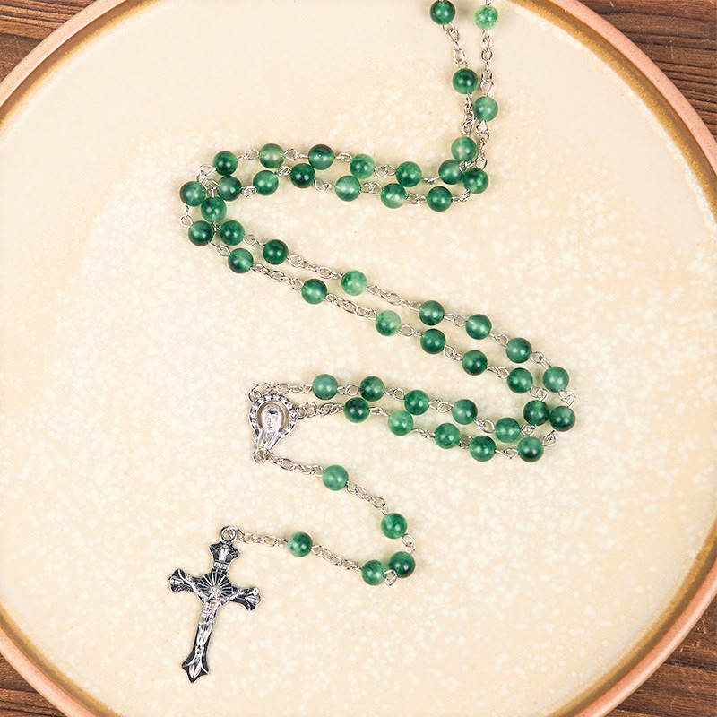 Christianartworkshop Notre-Dame du Rosaire et crucifix en agate verte ronde de 6 mm, chaîne en alliage - Vert - image 0