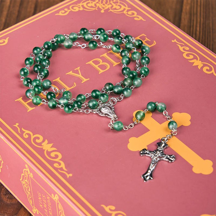 Christianartworkshop Notre-Dame du Rosaire et crucifix en agate verte ronde de 6 mm, chaîne en alliage - image 2