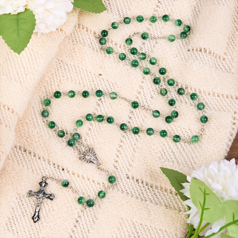 Christianartworkshop Notre-Dame du Rosaire et crucifix en agate verte ronde de 6 mm, chaîne en alliage - image 1