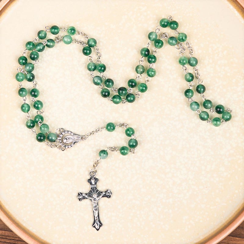 Christianartworkshop Notre-Dame du Rosaire et crucifix en agate verte ronde de 6 mm, chaîne en alliage - image 3