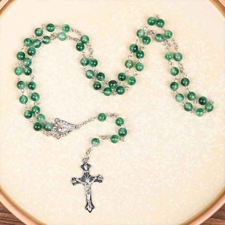 Christianartworkshop Notre-Dame du Rosaire et crucifix en agate verte ronde de 6 mm, chaîne en alliage - image 3