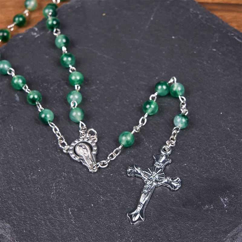 Christianartworkshop Notre-Dame du Rosaire et crucifix en agate verte ronde de 6 mm, chaîne en alliage - image 5