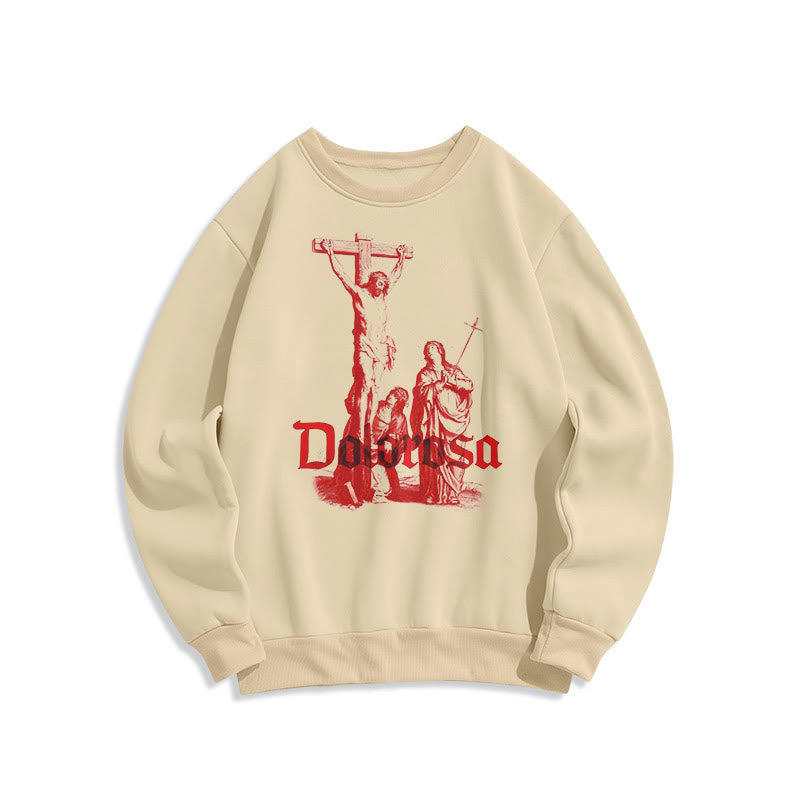 Sweat-shirt en polyester doublé polaire style classique Dolorosa Crucifix Jesus Sacred Faith, signé Christianartworkshop - Beige - 2XL - image 0