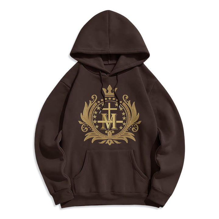 Sweat à capuche en polyester doublé polaire style classique avec croix couronnée et Vierge Marie, signé Christianartworkshop - Brun - 2XL - image 9