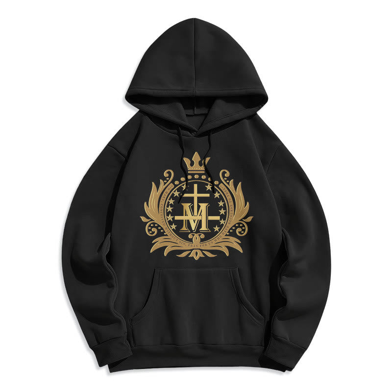 Sweat à capuche en polyester doublé polaire style classique avec croix couronnée et Vierge Marie, signé Christianartworkshop - Noir - 2XL - image 0