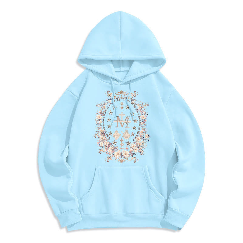 Sweat à capuche en polyester doublé polaire style moderne avec croix florale et Vierge Marie, signé Christianartworkshop - Bleu - 2XL - image 0