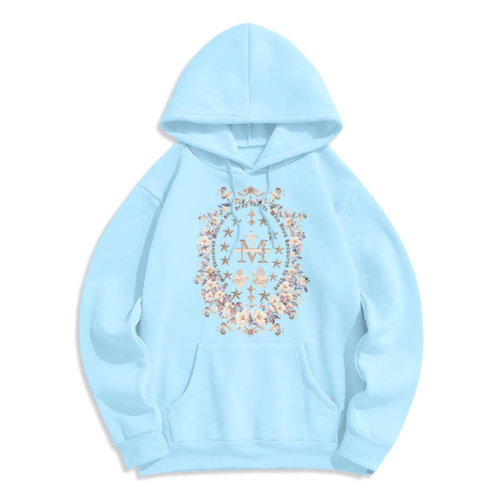 Sweat à capuche en polyester doublé polaire style moderne avec croix florale et Vierge Marie, signé Christianartworkshop - Bleu - 2XL - image 0