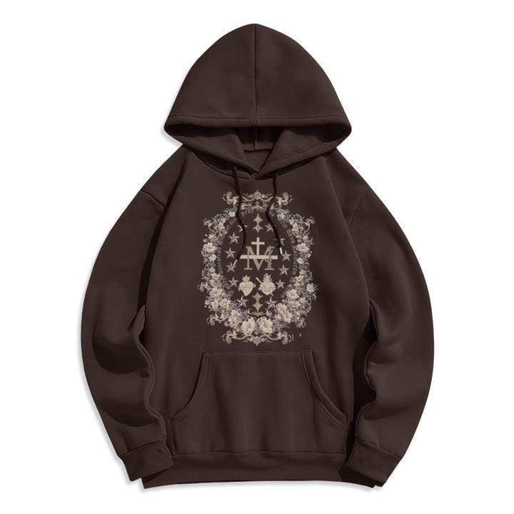 Sweat à capuche en polyester doublé polaire style moderne avec croix florale et Vierge Marie, signé Christianartworkshop - Brun - 2XL - image 11