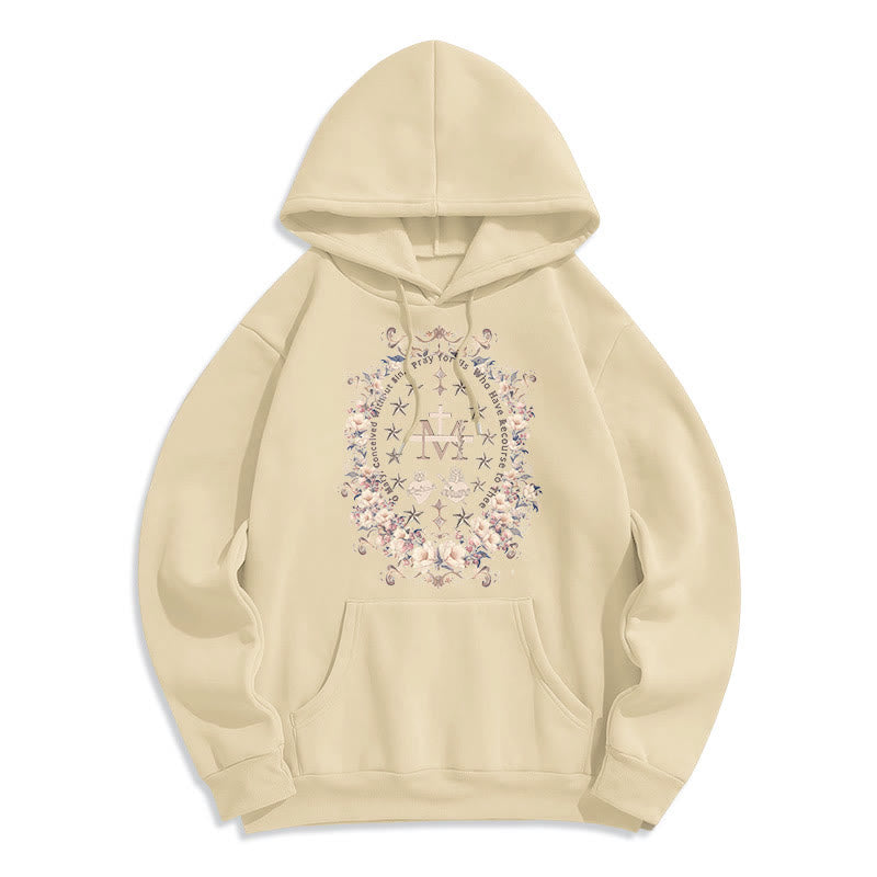 Sweat à capuche en polyester doublé polaire style moderne avec croix florale et Vierge Marie, signé Christianartworkshop - Beige - 2XL - image 9