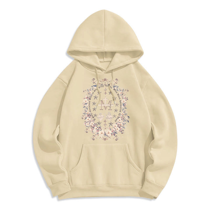 Sweat à capuche en polyester doublé polaire style moderne avec croix florale et Vierge Marie, signé Christianartworkshop - Beige - 2XL - image 9