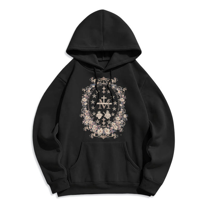 Sweat à capuche en polyester doublé polaire style moderne avec croix florale et Vierge Marie, signé Christianartworkshop - Noir - 2XL - image 5