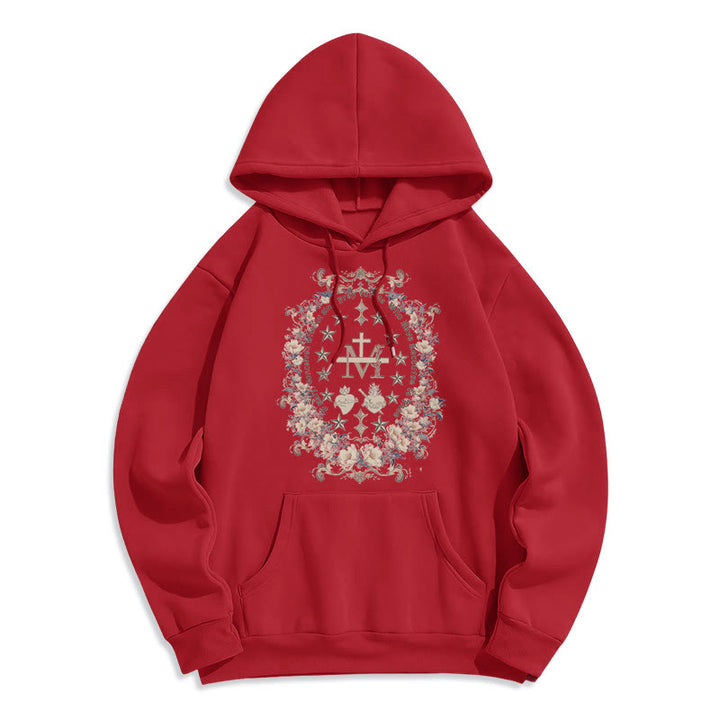 Sweat à capuche en polyester doublé polaire style moderne avec croix florale et Vierge Marie, signé Christianartworkshop - Rouge - 2XL - image 17