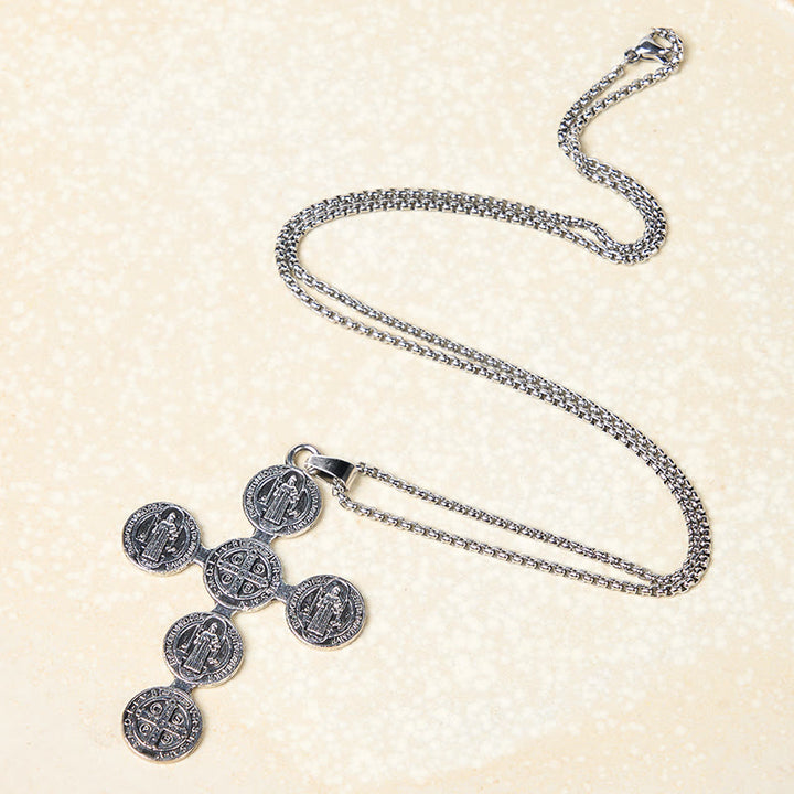 Christianartworkshop Collier pendentif croix de Saint Benoît style rétro classique, protection divine - image 4