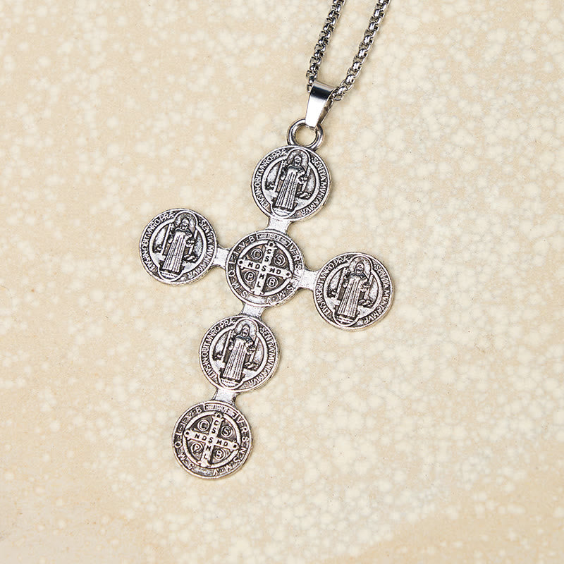 Christianartworkshop Collier pendentif croix de Saint Benoît style rétro classique, protection divine - image 2