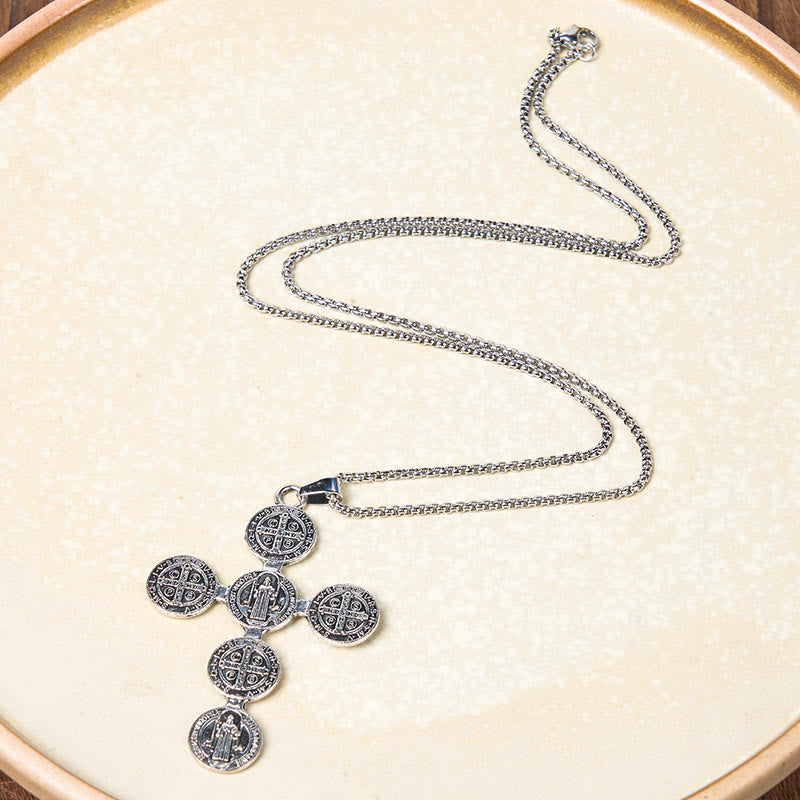Christianartworkshop Collier pendentif croix de Saint Benoît style rétro classique, protection divine - image 3