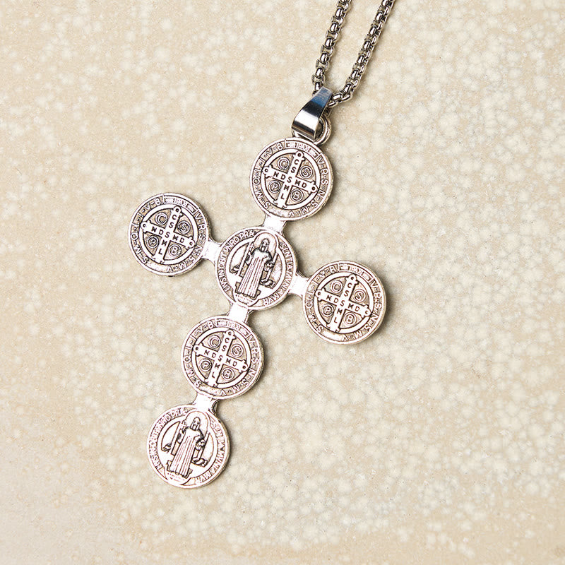 Christianartworkshop Collier pendentif croix de Saint Benoît style rétro classique, protection divine - Saint Benoît - image 0