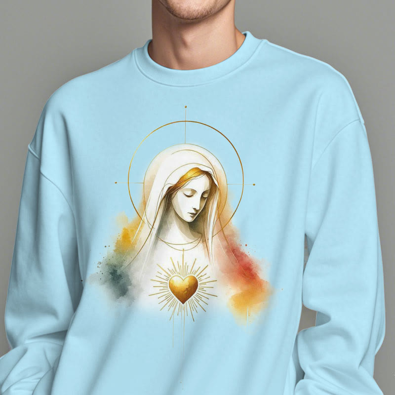 Sweat-shirt en polyester doublé polaire avec halo, emblème du Sacré-Cœur et de la Vierge Marie, style moderne de Christianartworkshop - image 3