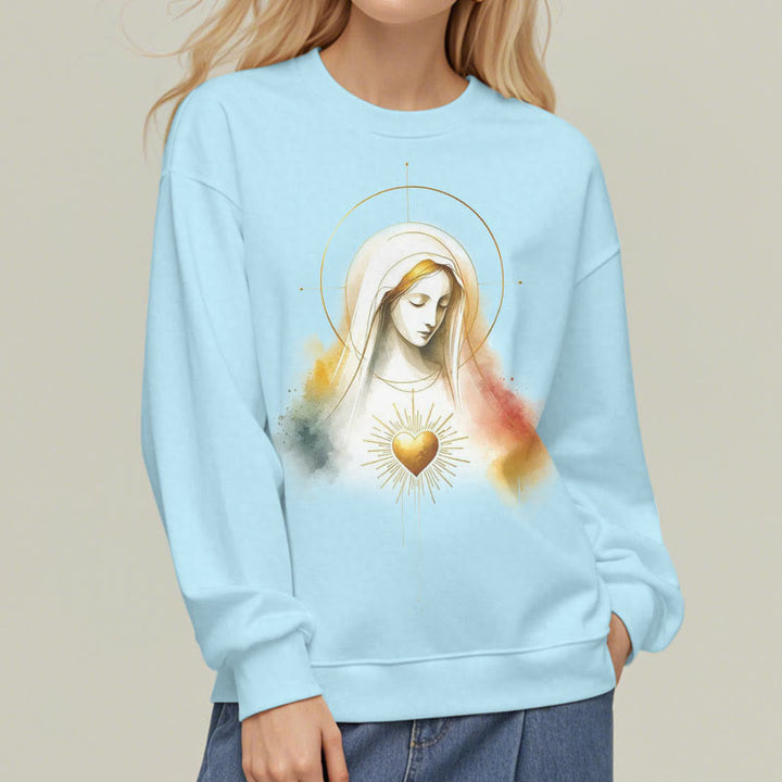 Sweat-shirt en polyester doublé polaire avec halo, emblème du Sacré-Cœur et de la Vierge Marie, style moderne de Christianartworkshop - image 4