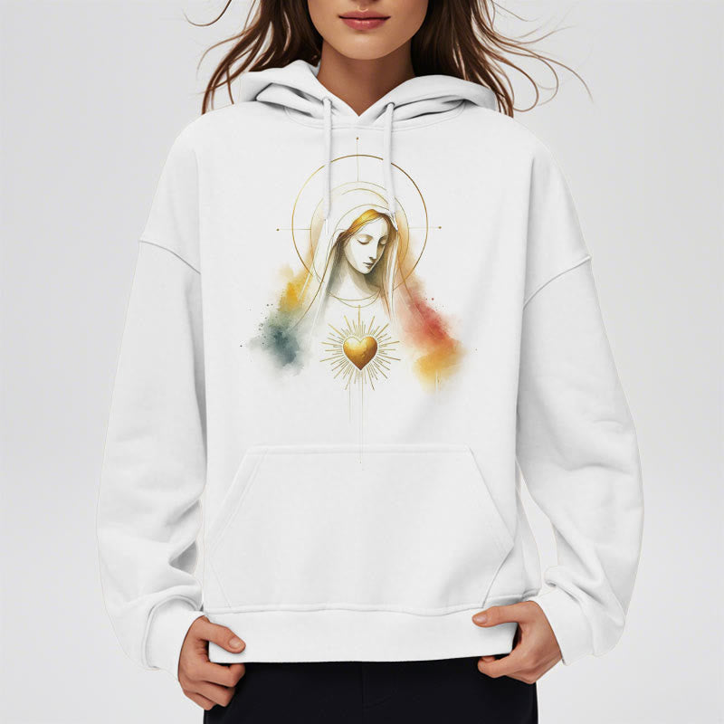 Sweat à capuche en polyester doublé polaire avec halo et motif Sacré-Cœur de la Vierge Marie, style moderne, Christianartworkshop - image 6
