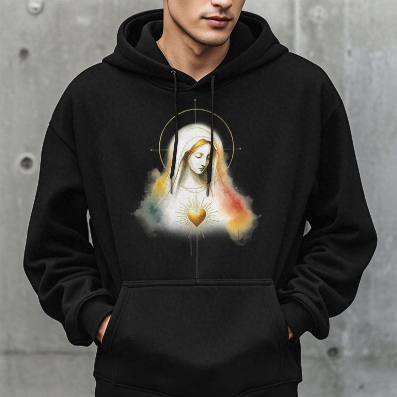 Sweat à capuche en polyester doublé polaire avec halo et motif Sacré-Cœur de la Vierge Marie, style moderne, Christianartworkshop - image 3