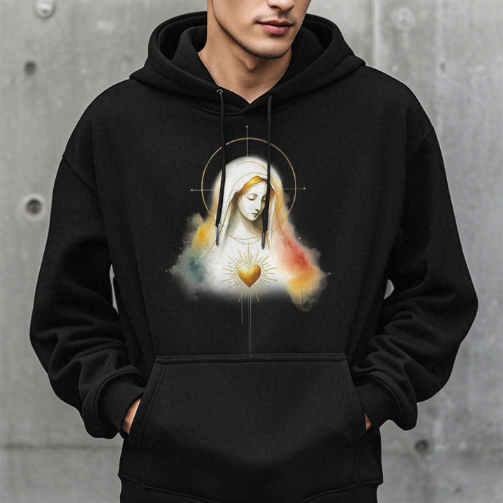 Sweat à capuche en polyester doublé polaire avec halo et motif Sacré-Cœur de la Vierge Marie, style moderne, Christianartworkshop - image 3