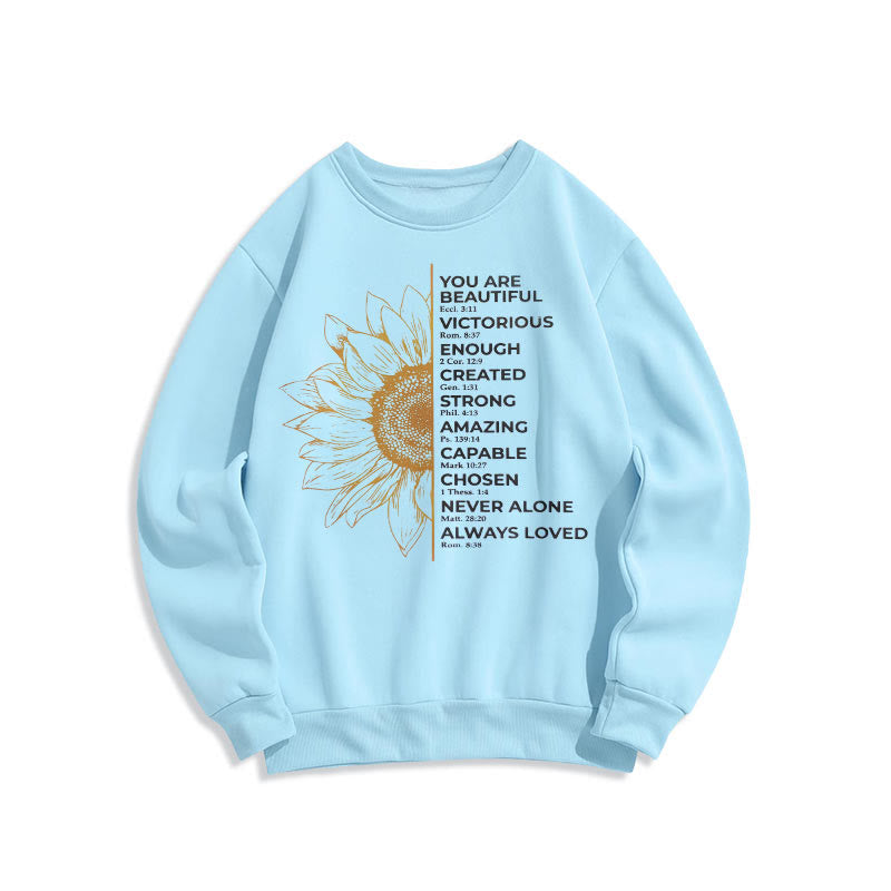Sweat-shirt en polyester doublé polaire avec citation de Christianartworkshop, motif tournesol, force et positivité - image 0