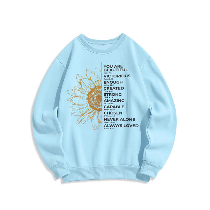 Sweat-shirt en polyester doublé polaire avec citation de Christianartworkshop, motif tournesol, force et positivité - image 0