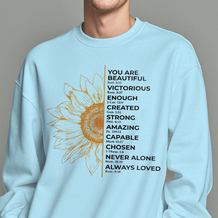 Sweat-shirt en polyester doublé polaire avec citation de Christianartworkshop, motif tournesol, force et positivité - image 4