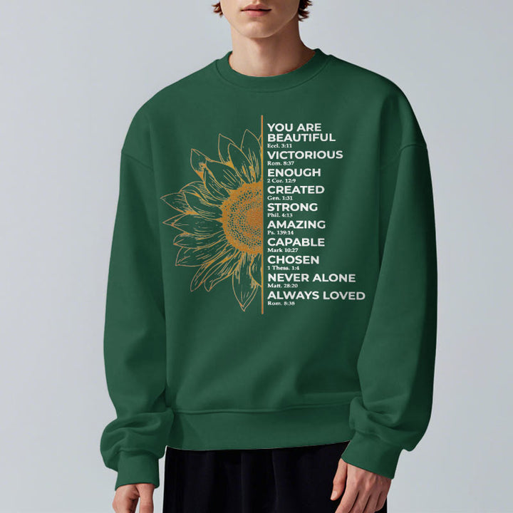 Sweat-shirt en polyester doublé polaire avec citation de Christianartworkshop, motif tournesol, force et positivité - image 14