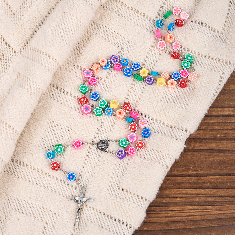 Christianartworkshop Médaille de Saint Benoît et crucifix de 8 mm, chapelet en pâte polymère multicolore avec chaîne en alliage - image 1