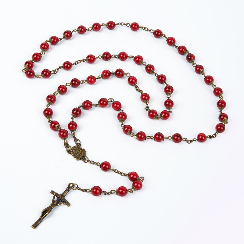 Christianartworkshop Chapelet en alliage avec rose et crucifix, pierre naturelle rouge ronde de 8 mm, chaîne. - image 4