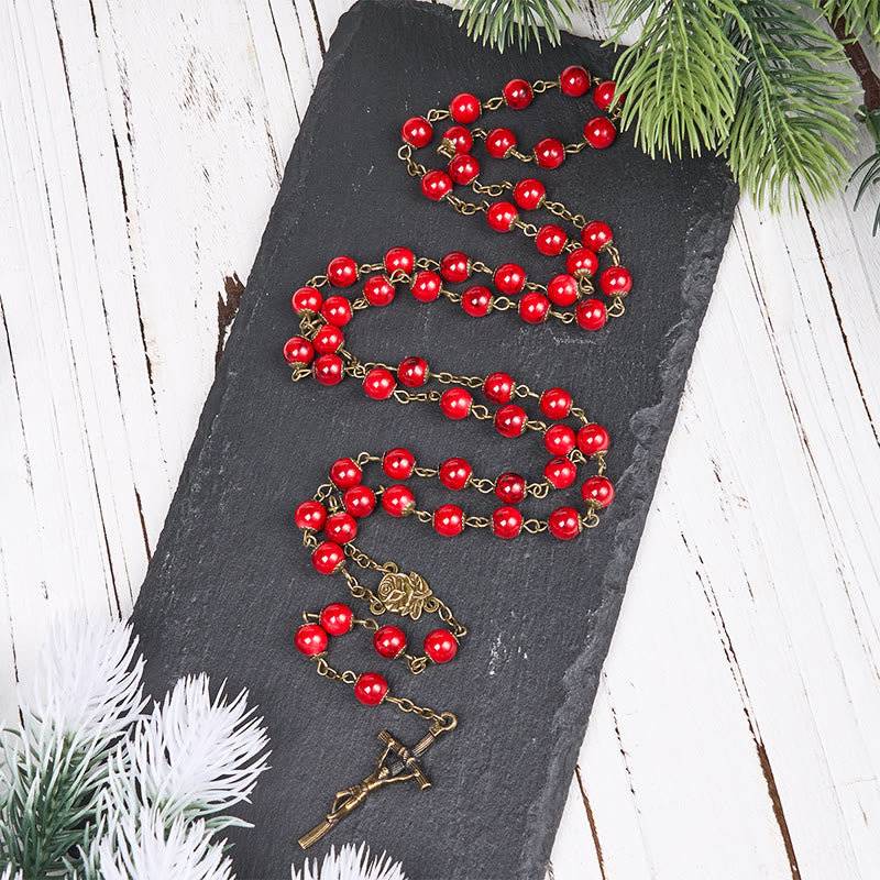 Christianartworkshop Chapelet en alliage avec rose et crucifix, pierre naturelle rouge ronde de 8 mm, chaîne. - Rouge - image 0