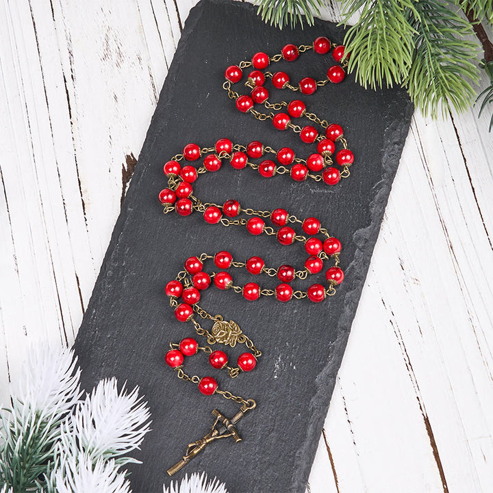 Christianartworkshop Chapelet en alliage avec rose et crucifix, pierre naturelle rouge ronde de 8 mm, chaîne. - Rouge - image 0