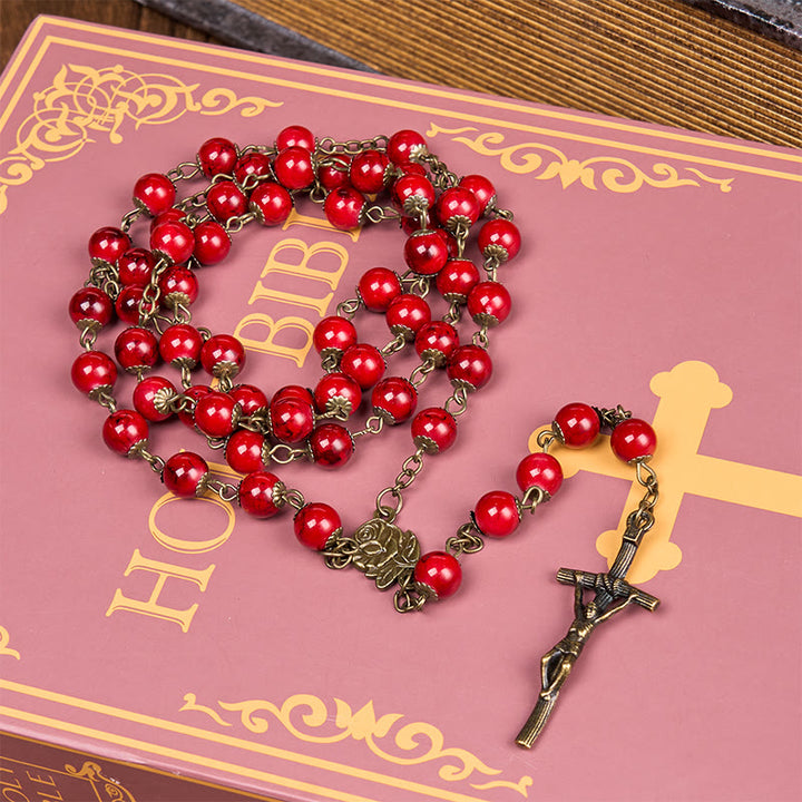 Christianartworkshop Chapelet en alliage avec rose et crucifix, pierre naturelle rouge ronde de 8 mm, chaîne. - image 3