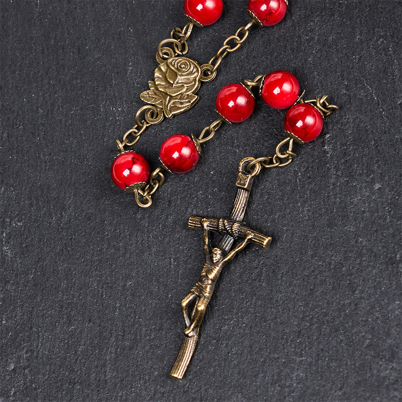 Christianartworkshop Chapelet en alliage avec rose et crucifix, pierre naturelle rouge ronde de 8 mm, chaîne. - image 6