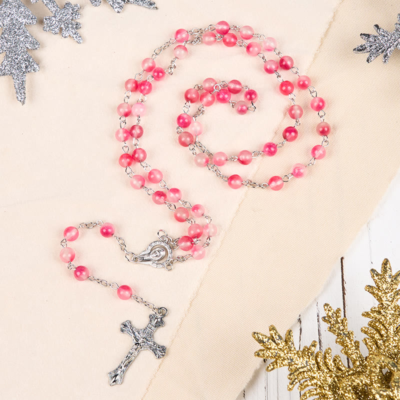 Christianartworkshop Chapelet en alliage d'agate rose ronde de 8 mm avec croix et Vierge Marie - Vierge Marie et crucifix - image 0