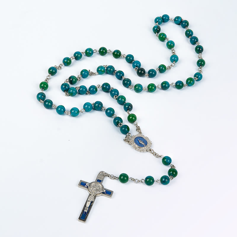 Christianartworkshop Médaille miraculeuse et crucifix en pierre ronde verte et bleue de 8 mm, chaîne en alliage, chapelet - image 4