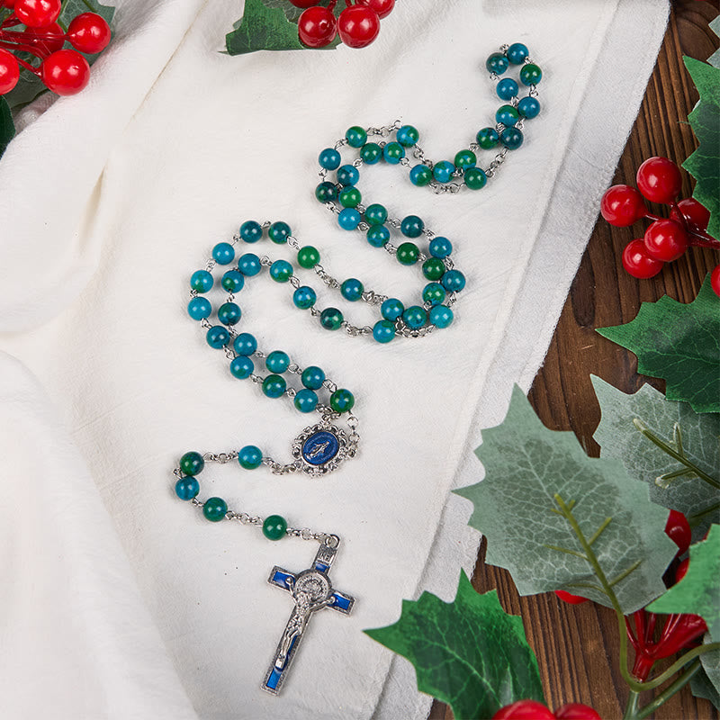 Christianartworkshop Médaille miraculeuse et crucifix en pierre ronde verte et bleue de 8 mm, chaîne en alliage, chapelet - image 1
