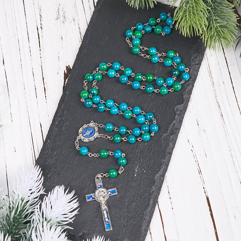 Christianartworkshop Médaille miraculeuse et crucifix en pierre ronde verte et bleue de 8 mm, chaîne en alliage, chapelet - Médaille miraculeuse et crucifix - image 0