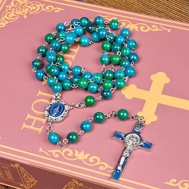 Christianartworkshop Médaille miraculeuse et crucifix en pierre ronde verte et bleue de 8 mm, chaîne en alliage, chapelet - image 3