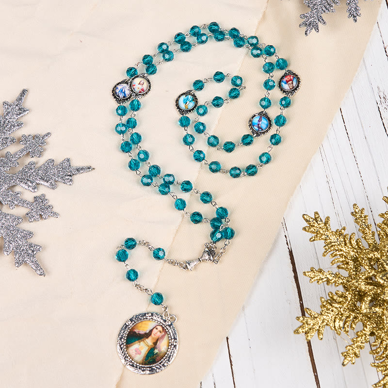 Christianartworkshop Chapelet en alliage de verre bleu, orné d'un polyèdre de 8 mm représentant le Sacré-Cœur de Jésus et le Cœur Immaculé de Marie - image 1