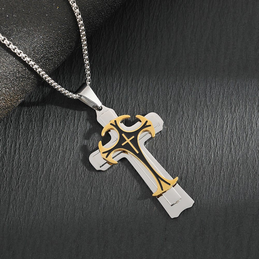 Christianartworkshop Collier pendentif croix double couche de style moderne - Argent et or - image 3