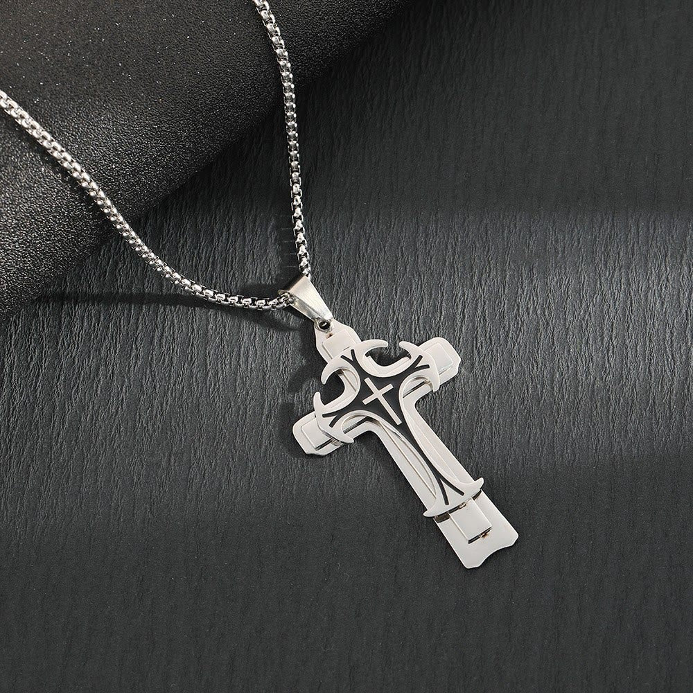 Christianartworkshop Collier pendentif croix double couche de style moderne - Argent - image 2
