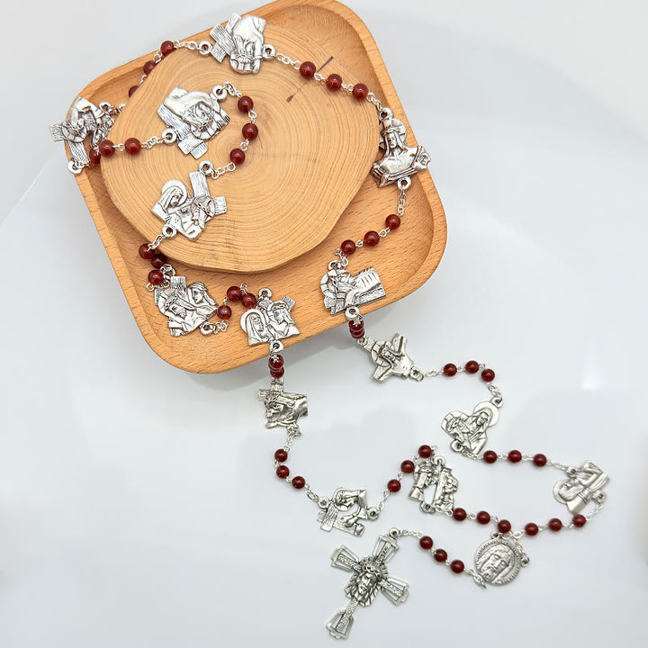 Christianartworkshop Chemin de Croix, chapelet en alliage d'agate rouge et noire, rond, avec chaîne. - image 1