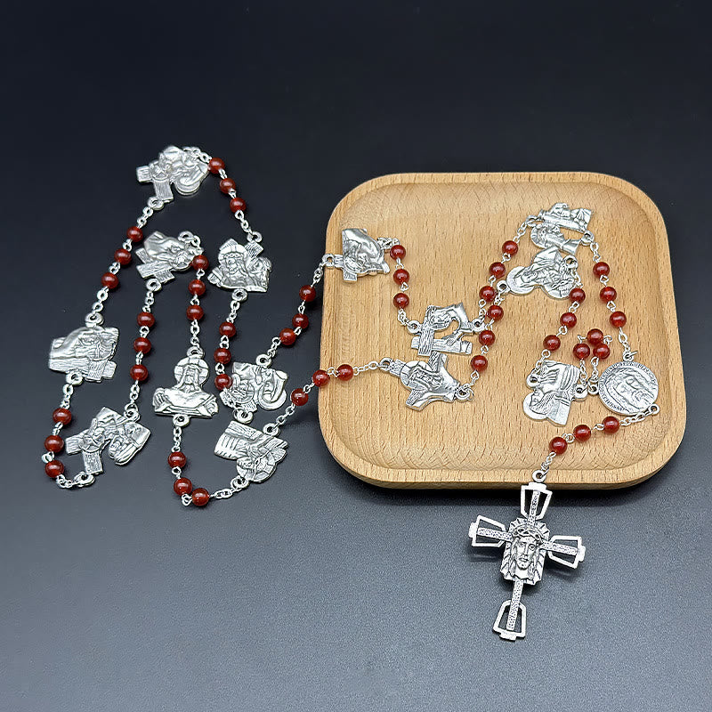 Christianartworkshop Chemin de Croix, chapelet en alliage d'agate rouge et noire, rond, avec chaîne. - Rouge - image 0