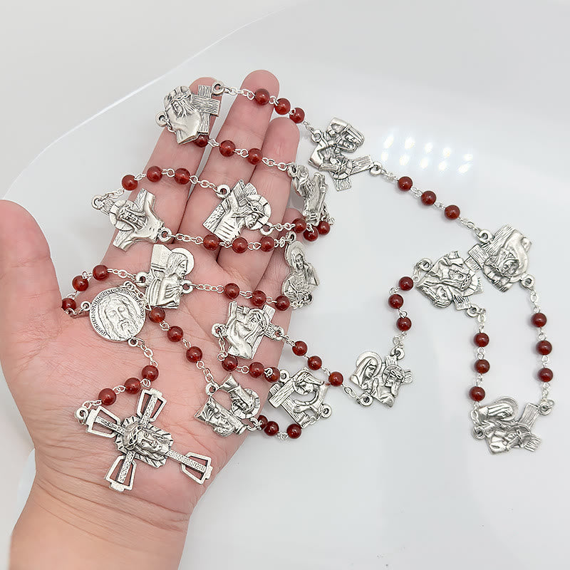 Christianartworkshop Chemin de Croix, chapelet en alliage d'agate rouge et noire, rond, avec chaîne. - image 3