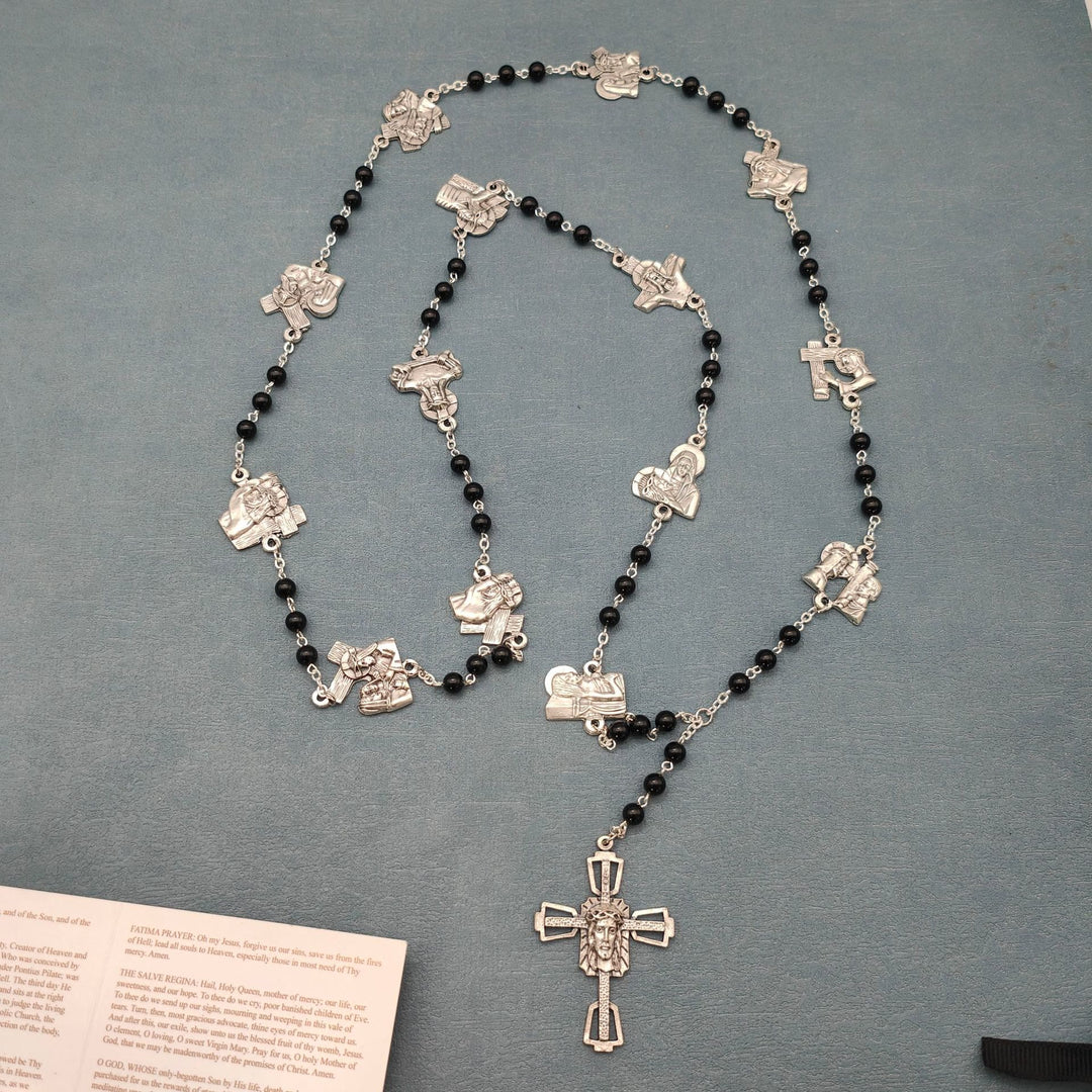 Christianartworkshop Chemin de Croix, chapelet en alliage d'agate rouge et noire, rond, avec chaîne. - Noir - image 2