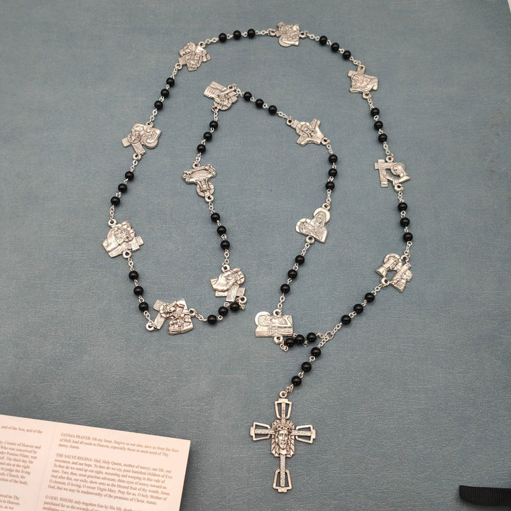 Christianartworkshop Chemin de Croix, chapelet en alliage d'agate rouge et noire, rond, avec chaîne. - Noir - image 2