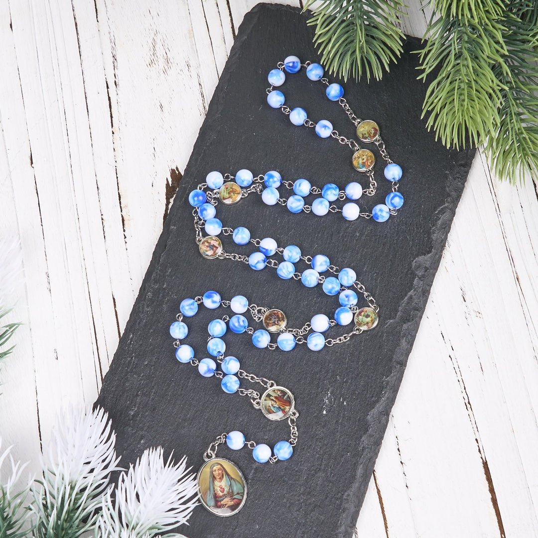 Christianartworkshop Chapelet à sept pierres de chagrin, chaîne ronde de 8 mm en alliage acrylique bleu/vert - Bleu et blanc - image 0