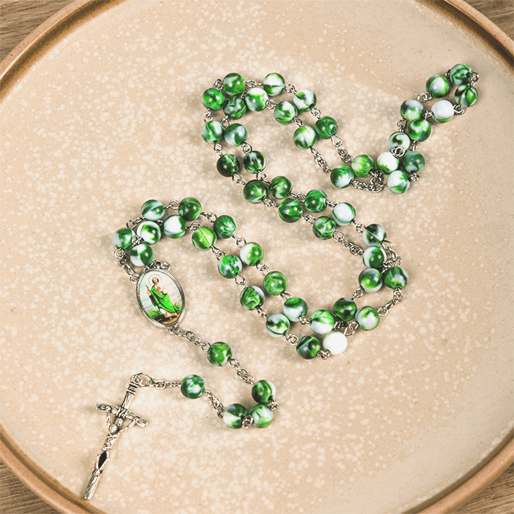 Christianartworkshop Chapelet de Saint Jude Thaddée et crucifix, en alliage acrylique vert rond de 8 mm, chaîne - image 2